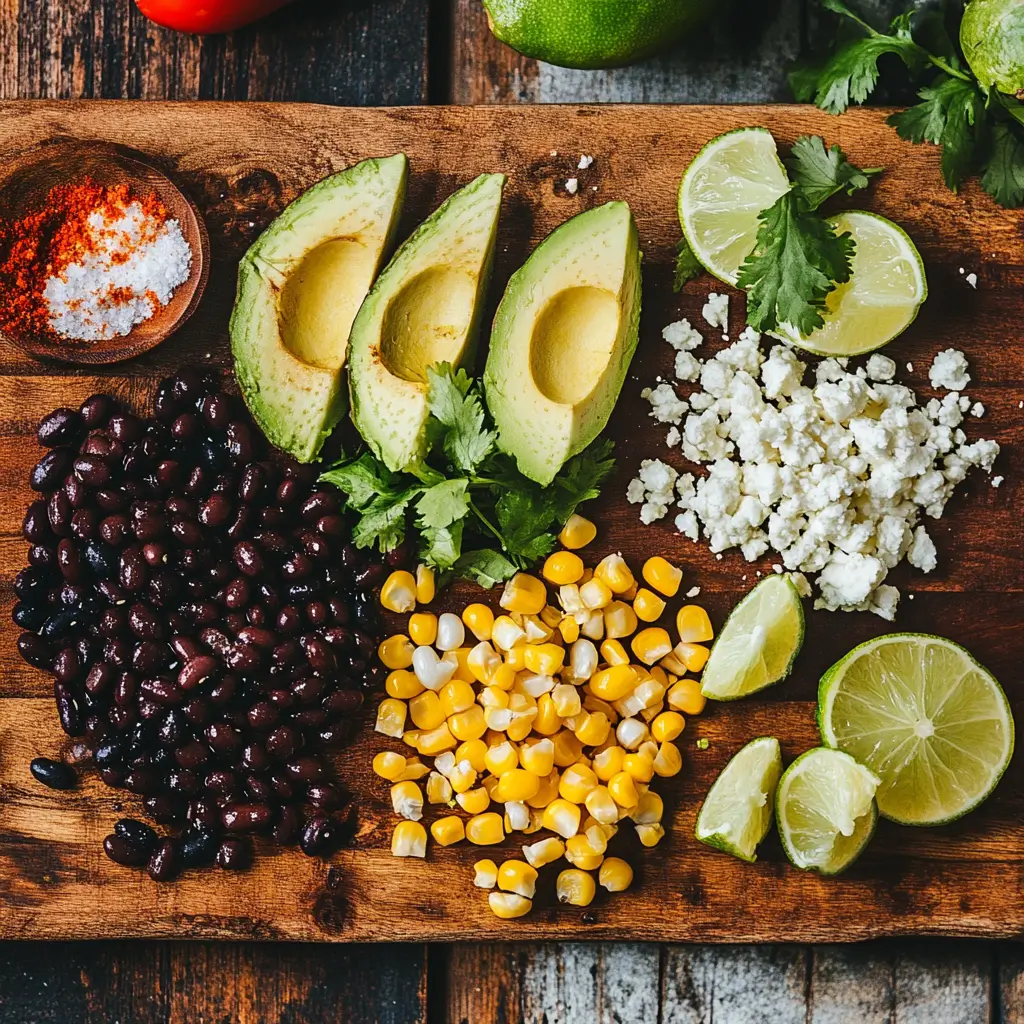 Fresh ingredients for a vegetarian street corn rice bowl, including lime, black beans, and grilled corn.