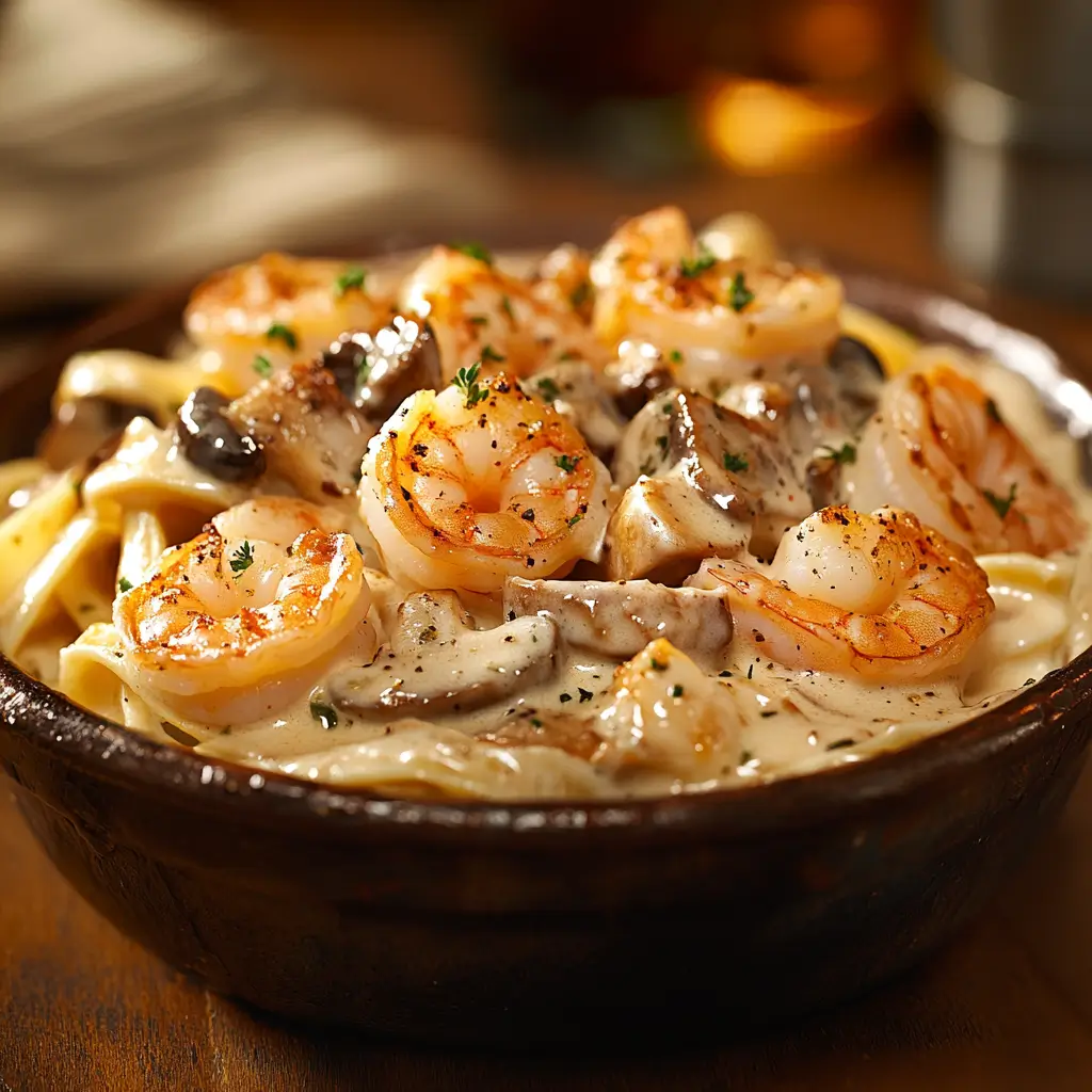 shrimp fettuccine alfredo with mushrooms