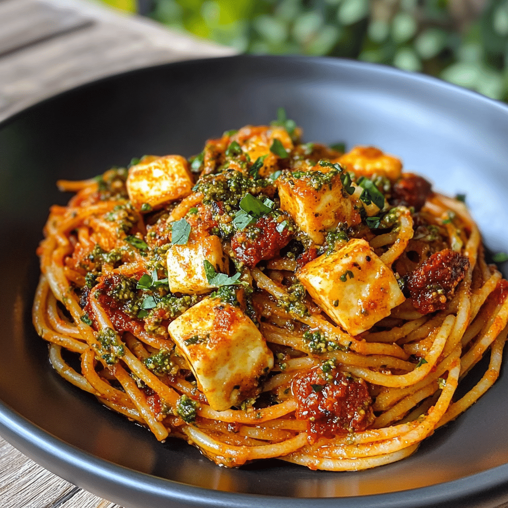 Chorizo Halloumi Chilli Pesto Spaghetti