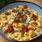 Creamy Chicken Halloumi and Chorizo Pasta in a bowl