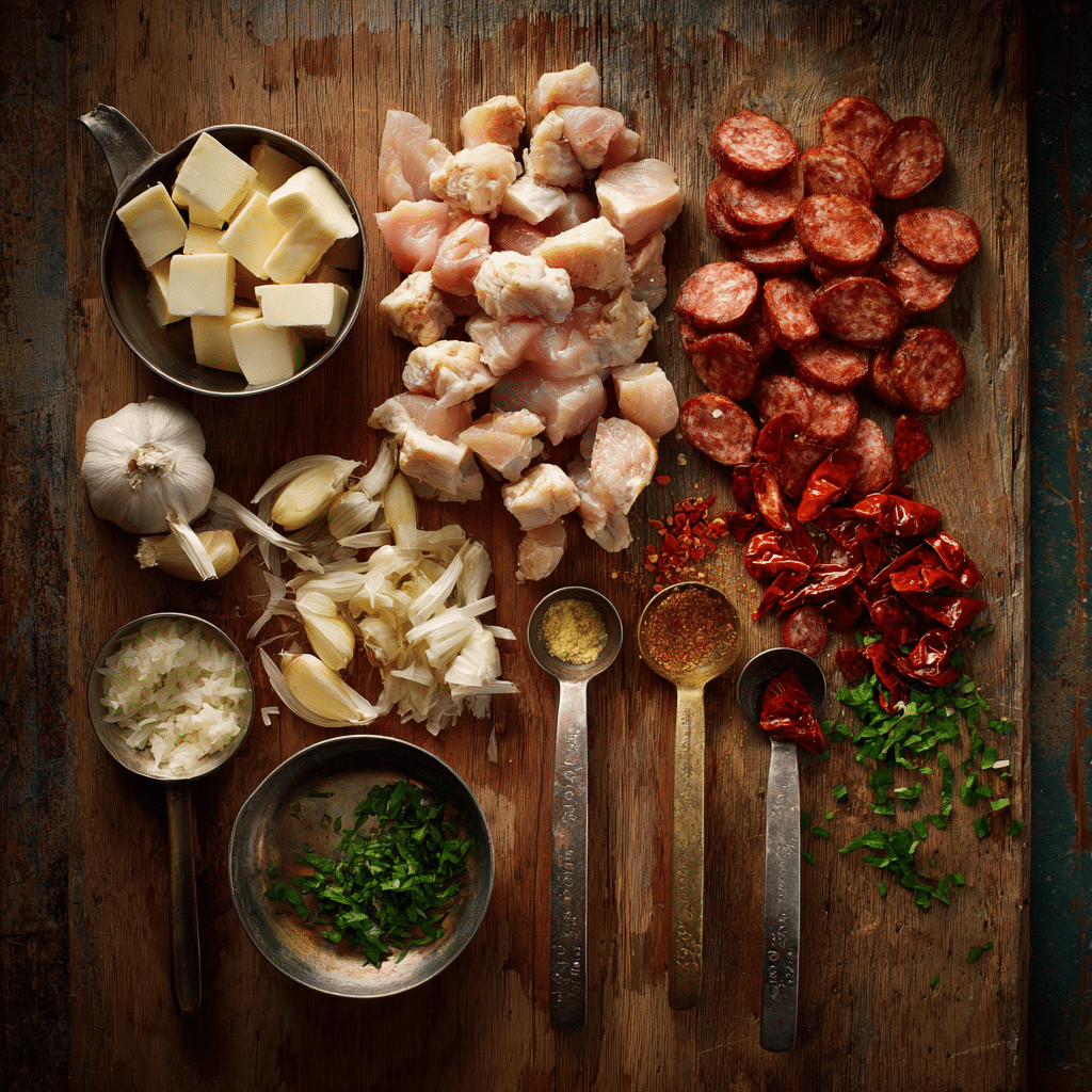 Ingredients for Creamy Chicken Halloumi and Chorizo Pasta