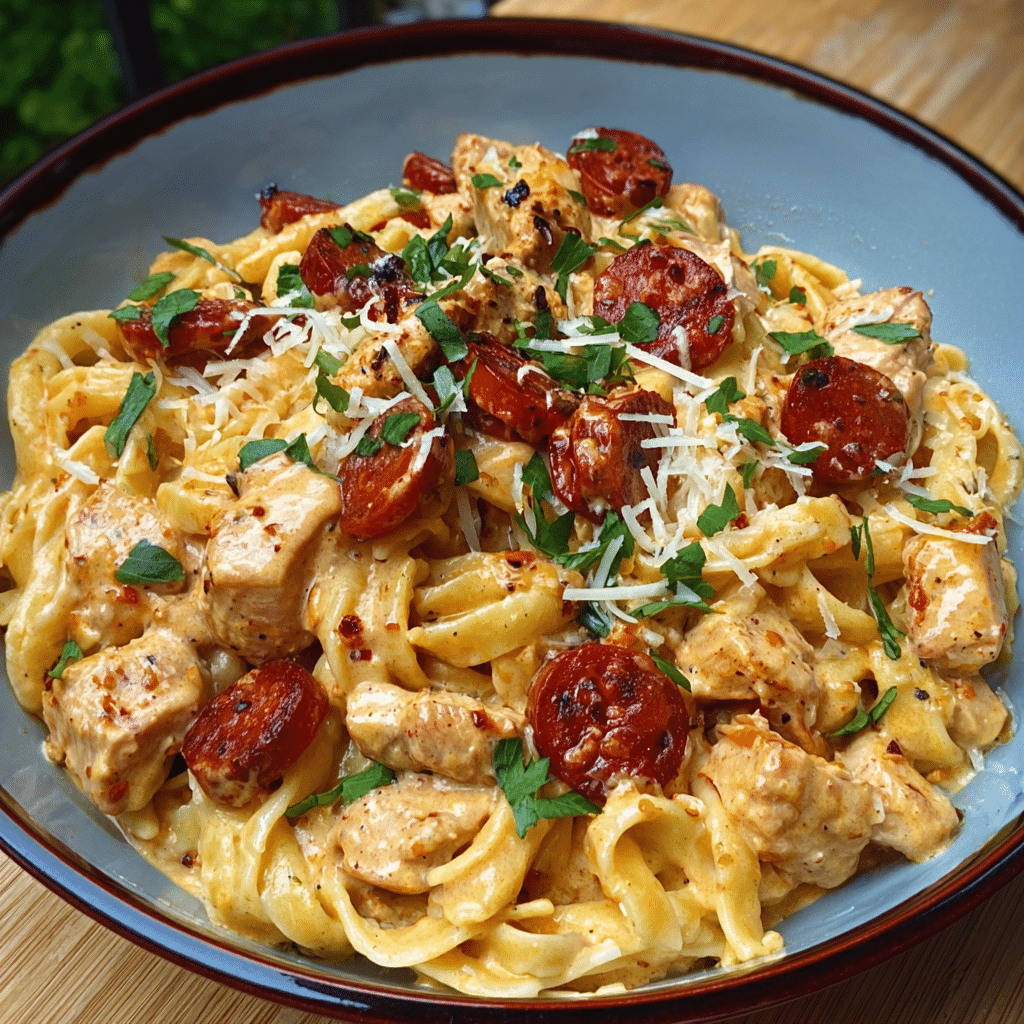 Creamy Chicken Halloumi and Chorizo Pasta in a bowl