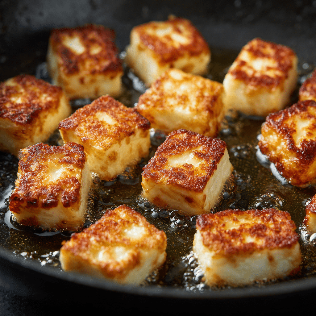 Crispy golden halloumi frying in skillet