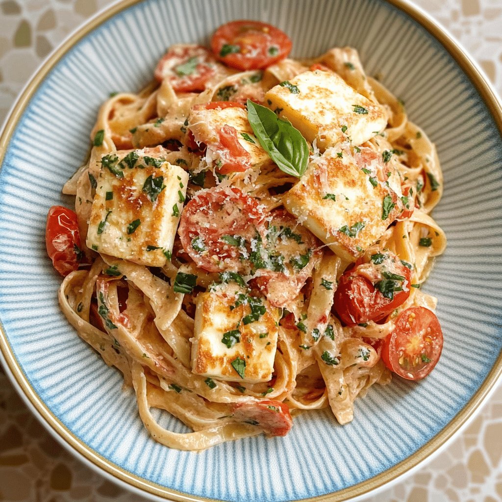 Creamy halloumi pasta with tomatoes & basil in a blue bowl