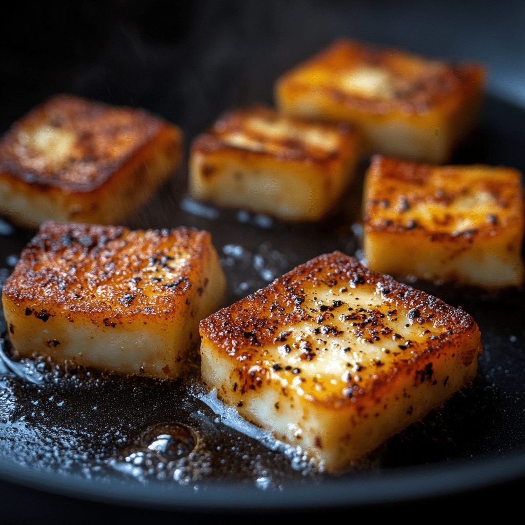 Halloumi frying in pan until crispy and golden