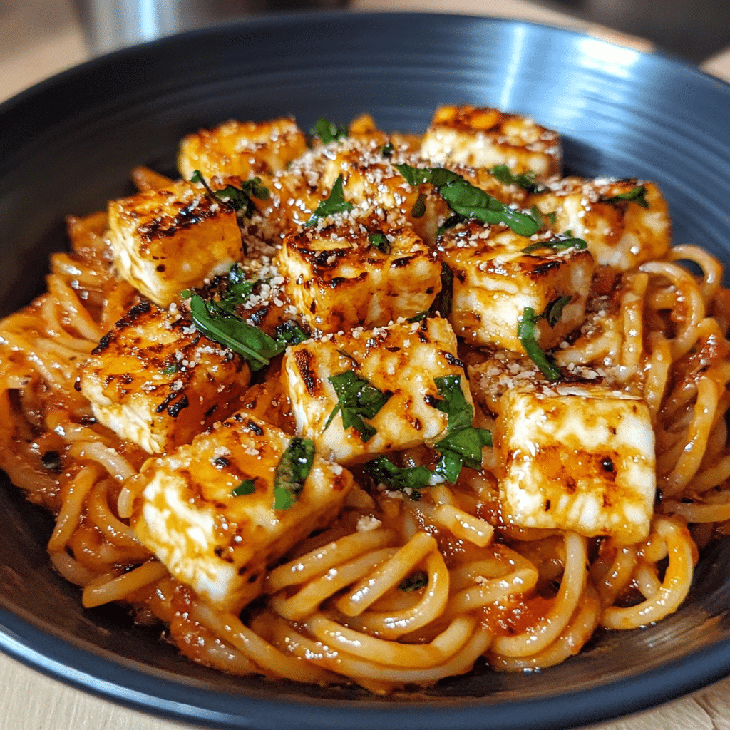 Hot honey halloumi pasta with golden cheese and spicy honey drizzle