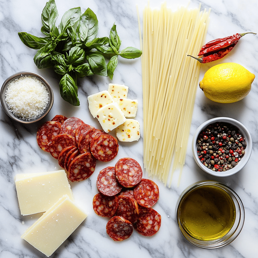 Ingredients for chorizo halloumi chilli pesto spaghetti