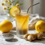 Zepbound drink recipe for weight loss in a tall glass with chia seeds, lemon, and metal straw