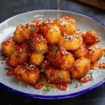 Air Fryer Crispy Honey Chilli Halloumi drizzled with glaze and garnished with chili