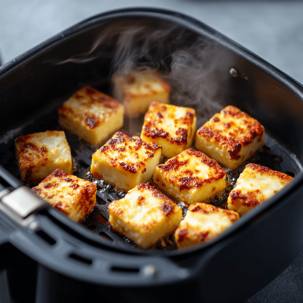 air Fryer crispy Honey Chilli Halloumi cooking