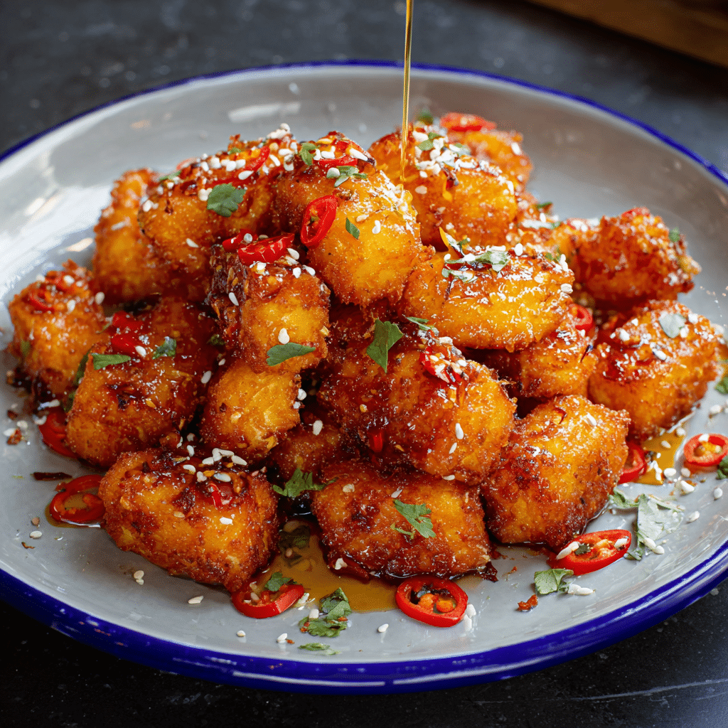 Air Fryer Crispy Honey Chilli Halloumi drizzled with glaze and garnished with chili