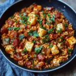 Chorizo and halloumi jambalaya in skillet