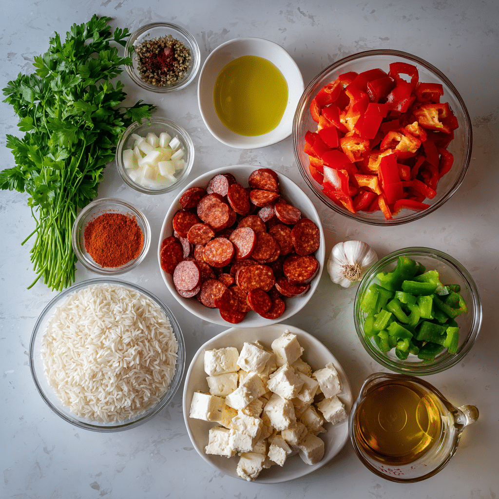 Ingredients for chorizo and halloumi jambalaya