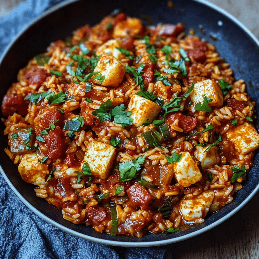 Chorizo and halloumi jambalaya in skillet